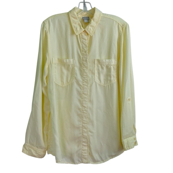 Chico's Yellow Touch of Cool Fringe Roll Sleeve Button Down Denim Shirt (Size L) - Picture 1 of 13
